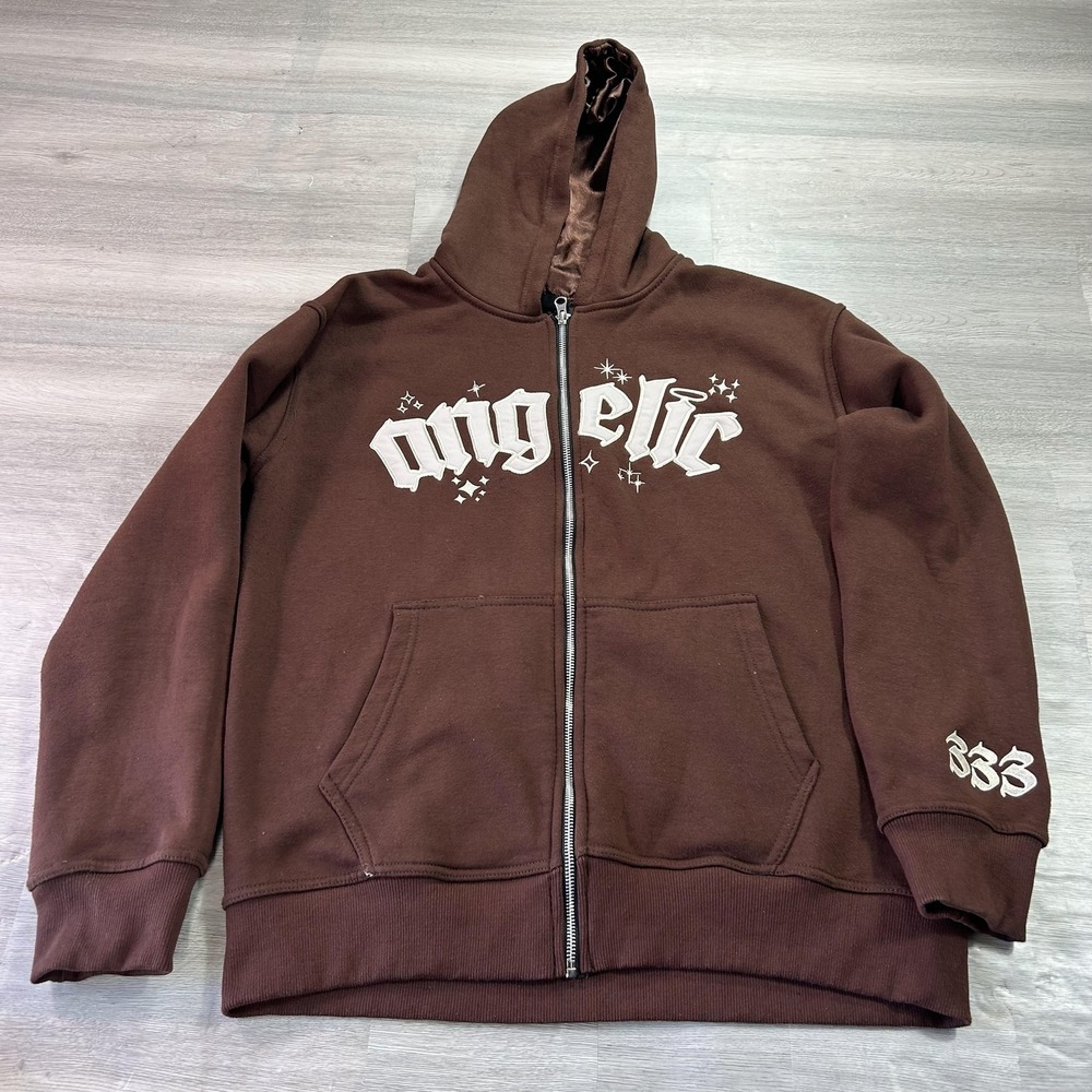 Angelic Motion Hoodie Mens Medium Brown Full Zip Fleece No Emotions Sweatshirt